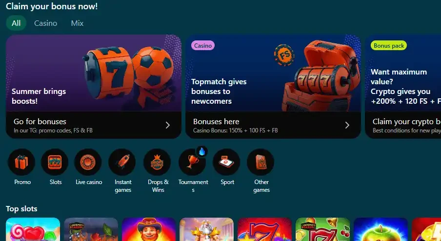 Topmatch casino home screen: popular slot picks, drops and providers