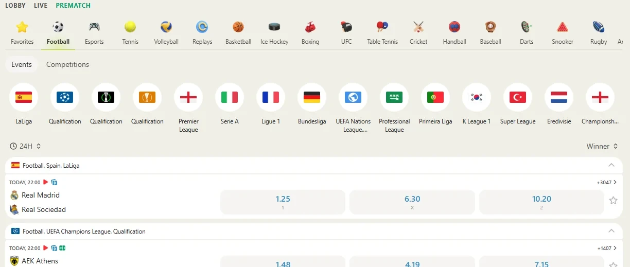 Topmatch sportsbook with sports list, odds and live events