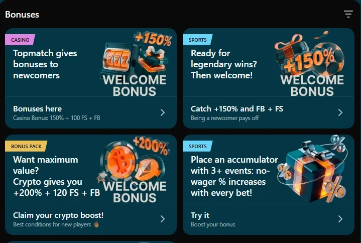 Topmatch promotions page with wagering requirements