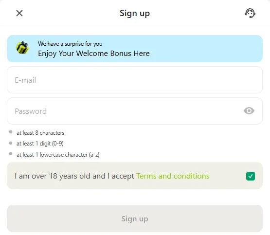 Topmatch registration screen with email, password and terms checkbox