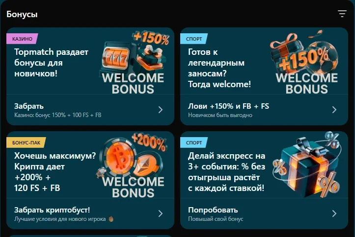 Акции и бонусы Topmatch с условиями вейджера
